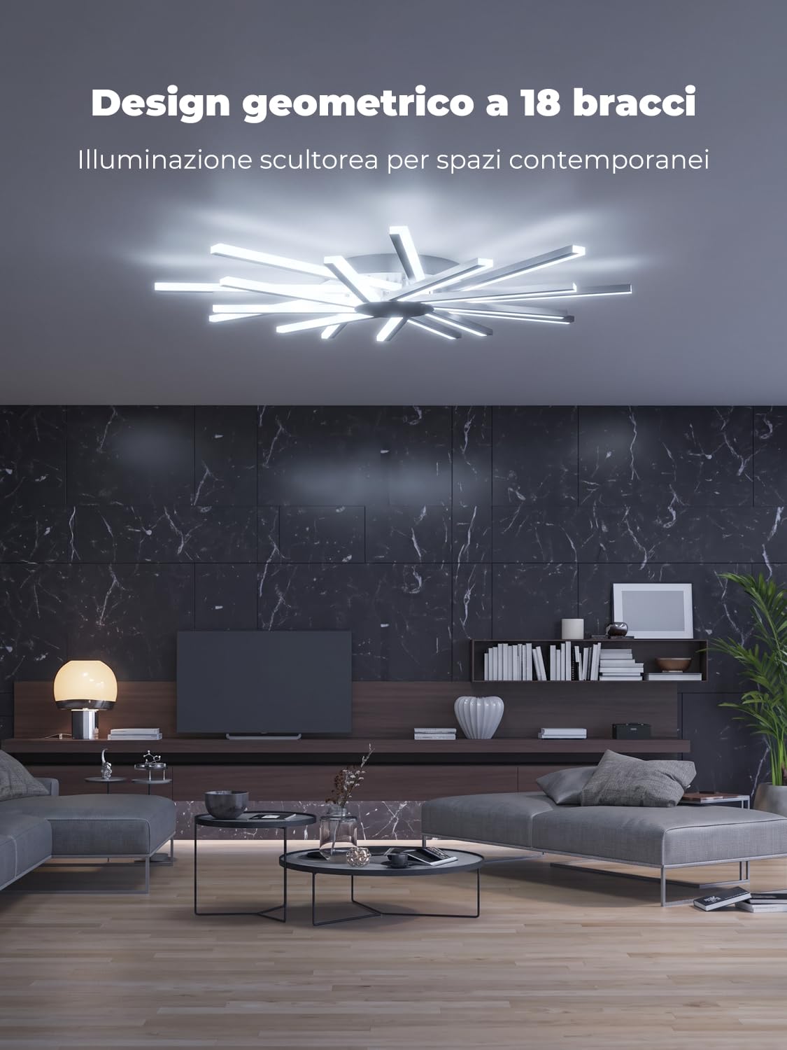 Φ96cm Lampadario Soggiorno Grande, Plafoniera Led Soffitto Moderno, Lampada da Soffitto con 18 Luci, Dimmerabile, Luce per Salotto con Telecomando, Funzione Memoria, Nero