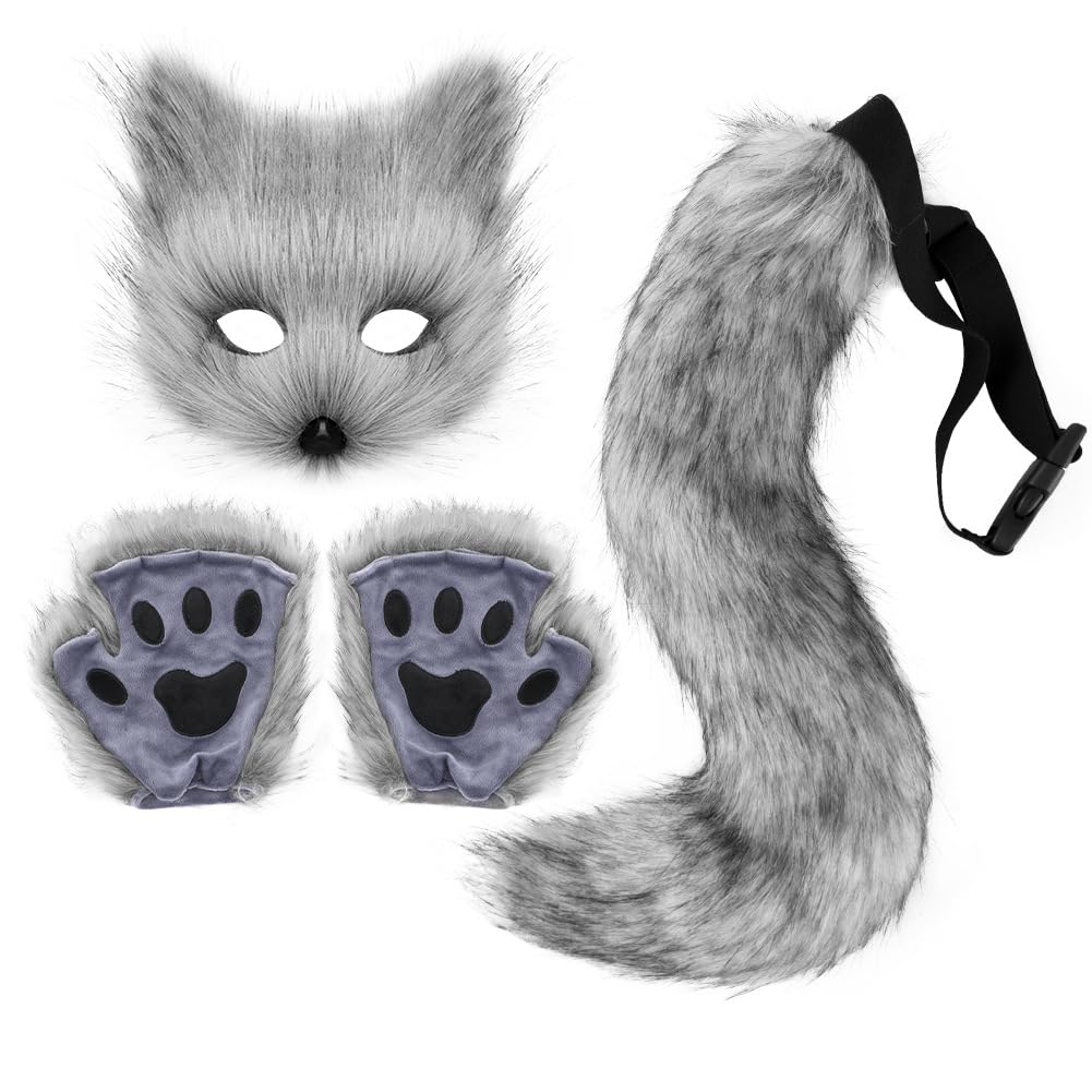 DRESHOW Faux Fur Fox Tail Fluffy Cat Wolf Cosplay Costume Plush Mask Paw Gloves Set Halloween Christmas Party for Women