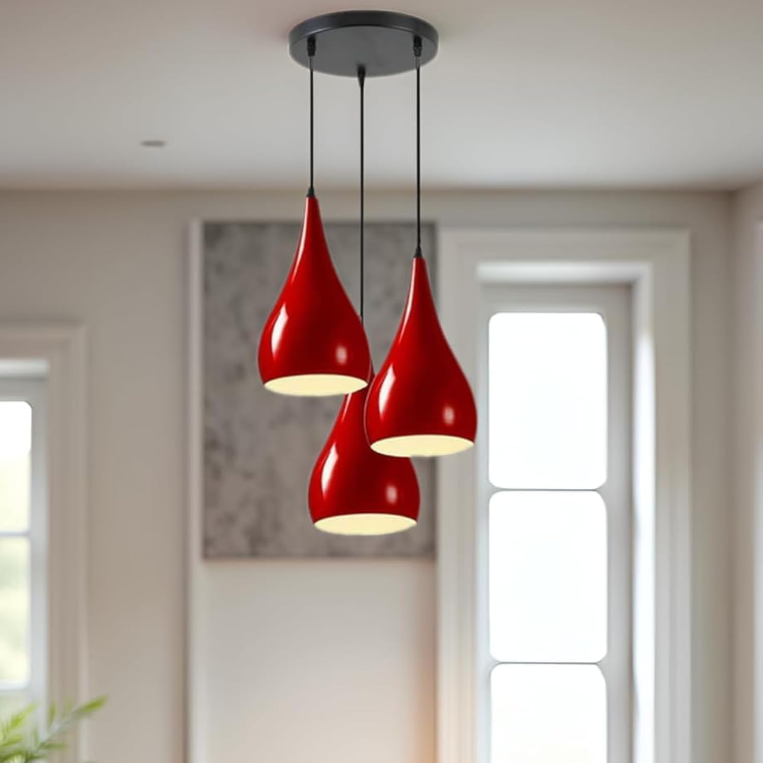 DC VOLTAGE 3 Head Red Tear Drop Ceiling Pendant Light Metal E27 Fixture — image 1