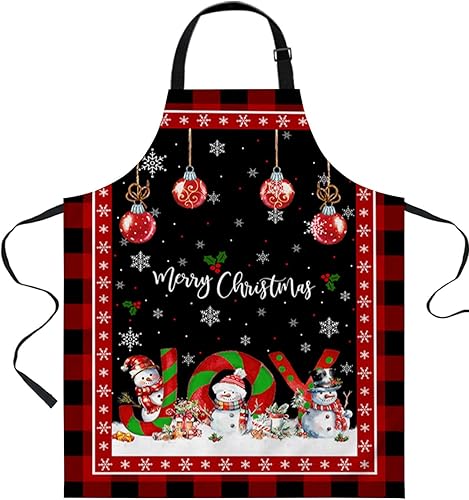 Miniatura 1 de ZOE STORE Christmas Bib Aprons with Pockets Waterproof, Adjustable Apron for Men Women Joy Xmas Tree Snowman Winter Snowflake Red Black Plaid