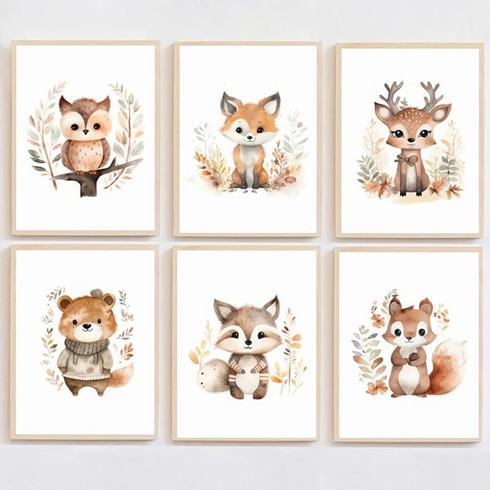 6 Nursery Animal Prints Woodland Wall Pictures Posters for Bedroom Boho Nursery Prints Baby Canvas Wall Art Kids Wall Painting Children Room Wall Decoration Boys Girls Gift 21x30cm Unframed