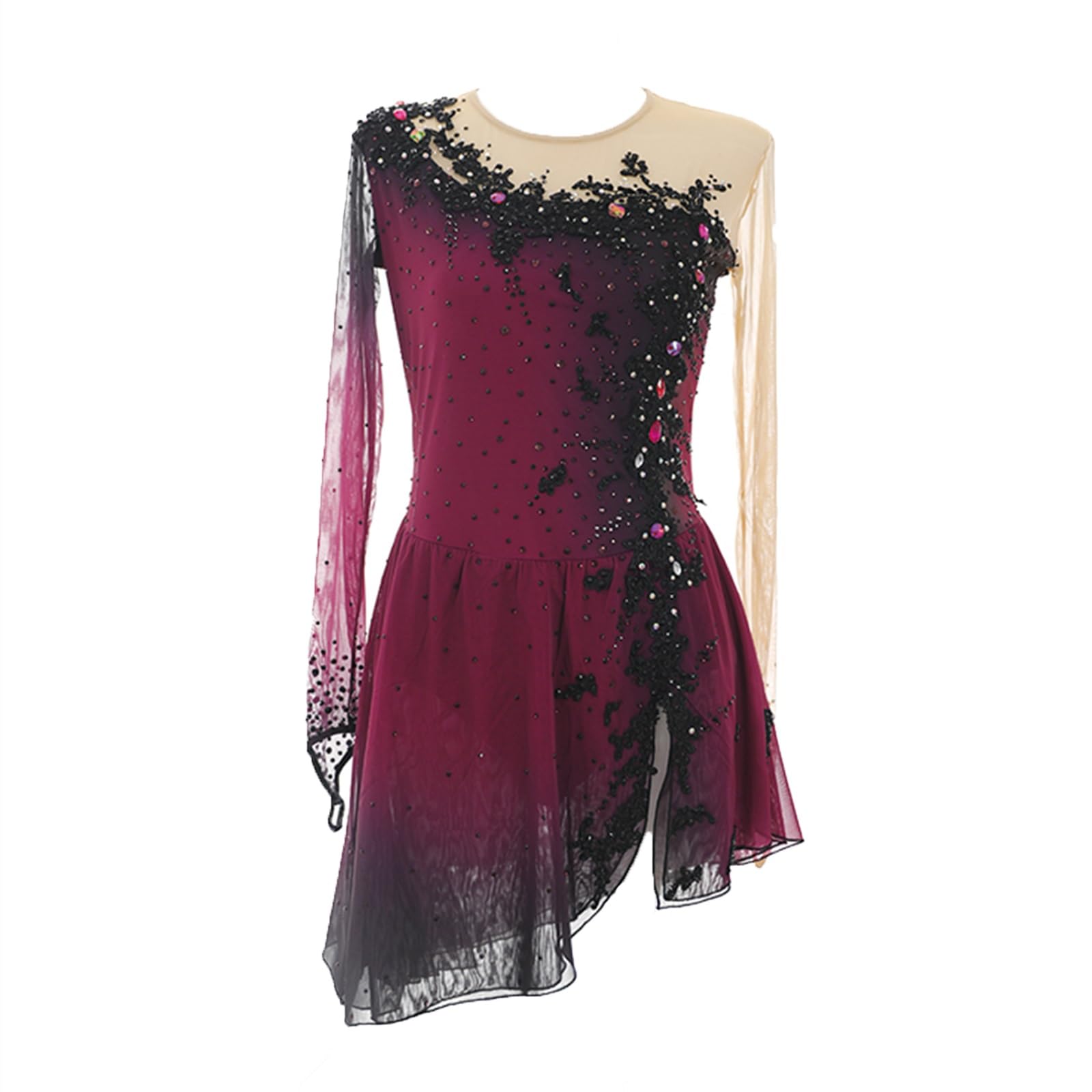 Eiskunstlaufkleid for Damen, Funkelndes Eislauf-Outfit, Langärmliger Trikotanzug Mit Rock