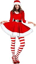Geyoga Women's Santa Claus Costume Set Velvet Dress with Belt Women's Xmas Striped Tights Santa Hat Set Dress Cosplay