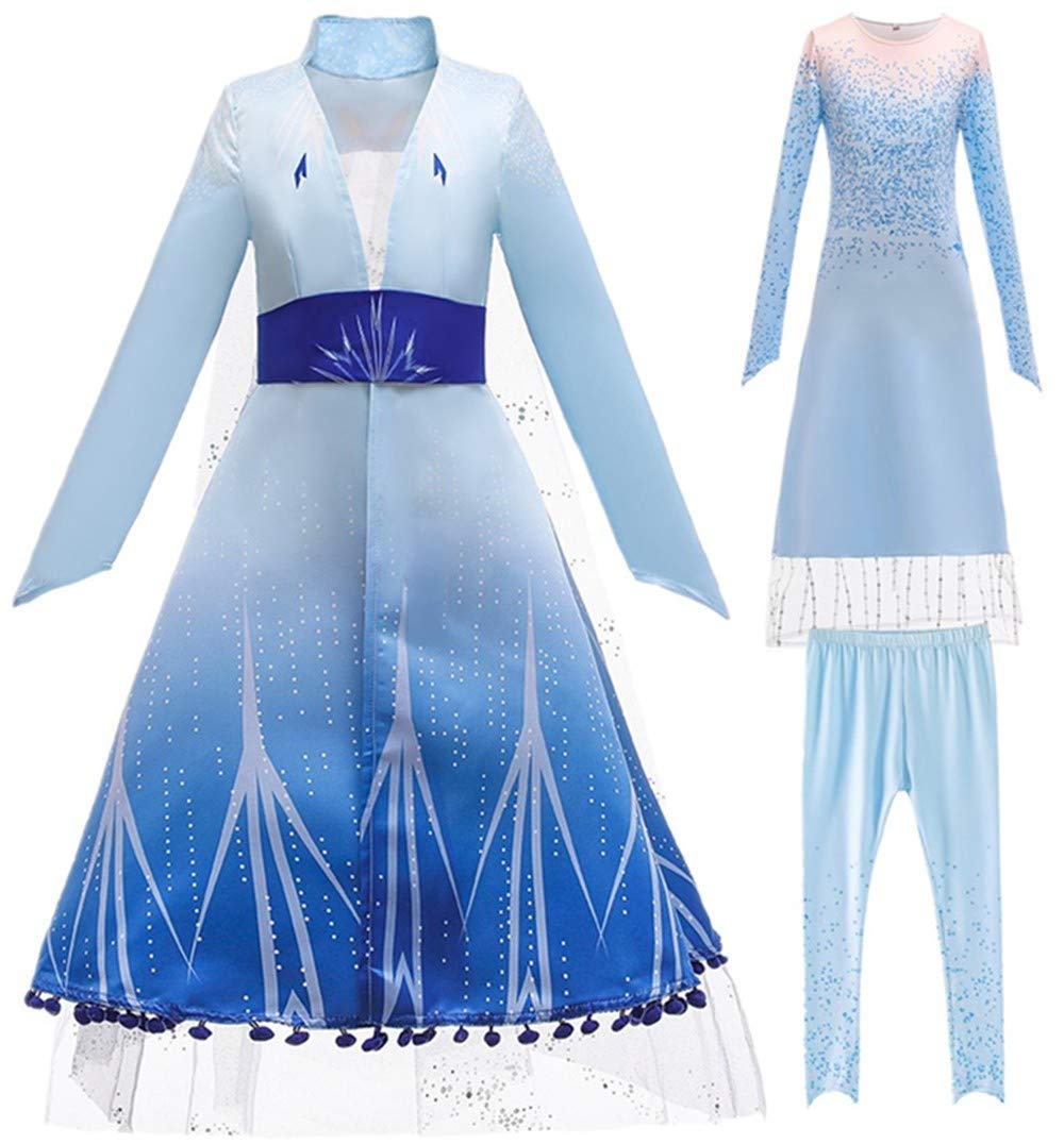 DH Gorgeous Little Girls Princess Cosplay Blue Costume Outfit Coat & Dress & Pants