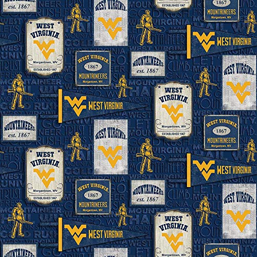 Sykel Enterprises West Virginia Mountaineers NCAA College Vintage Pennant 43" Wide 100% Quilting Cotton Fabric Sold by Yard