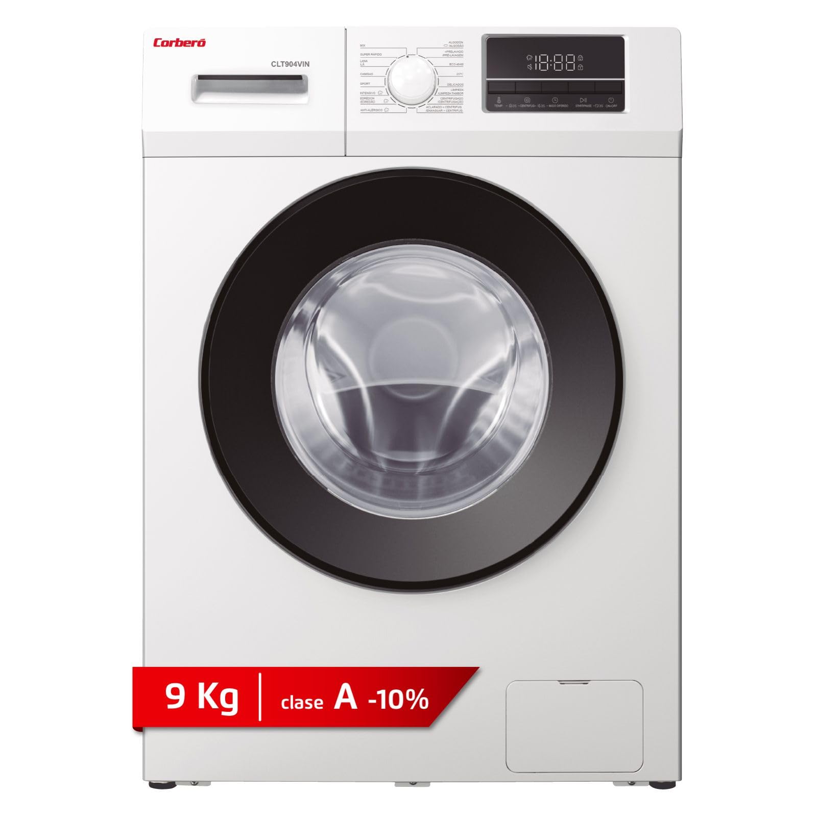 Corberó - Lavadora Carga Frontal Premium 9kg| CLT904VIN | 1400 Rpm | Motor Inverter | 16 Programas | Vapor | Inicio Diferido 3-​24 Horas | Lavado Rápido 15-​30 Min. | Puerta XXL | Blanco