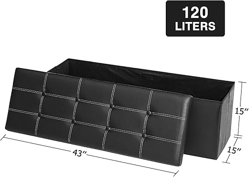 Miniatura 3 de Banco otomano plegable de almacenamiento de 43 pulgadas, reposapiés acolchado para dormitorio, sala de estar, piel sintética, color negro