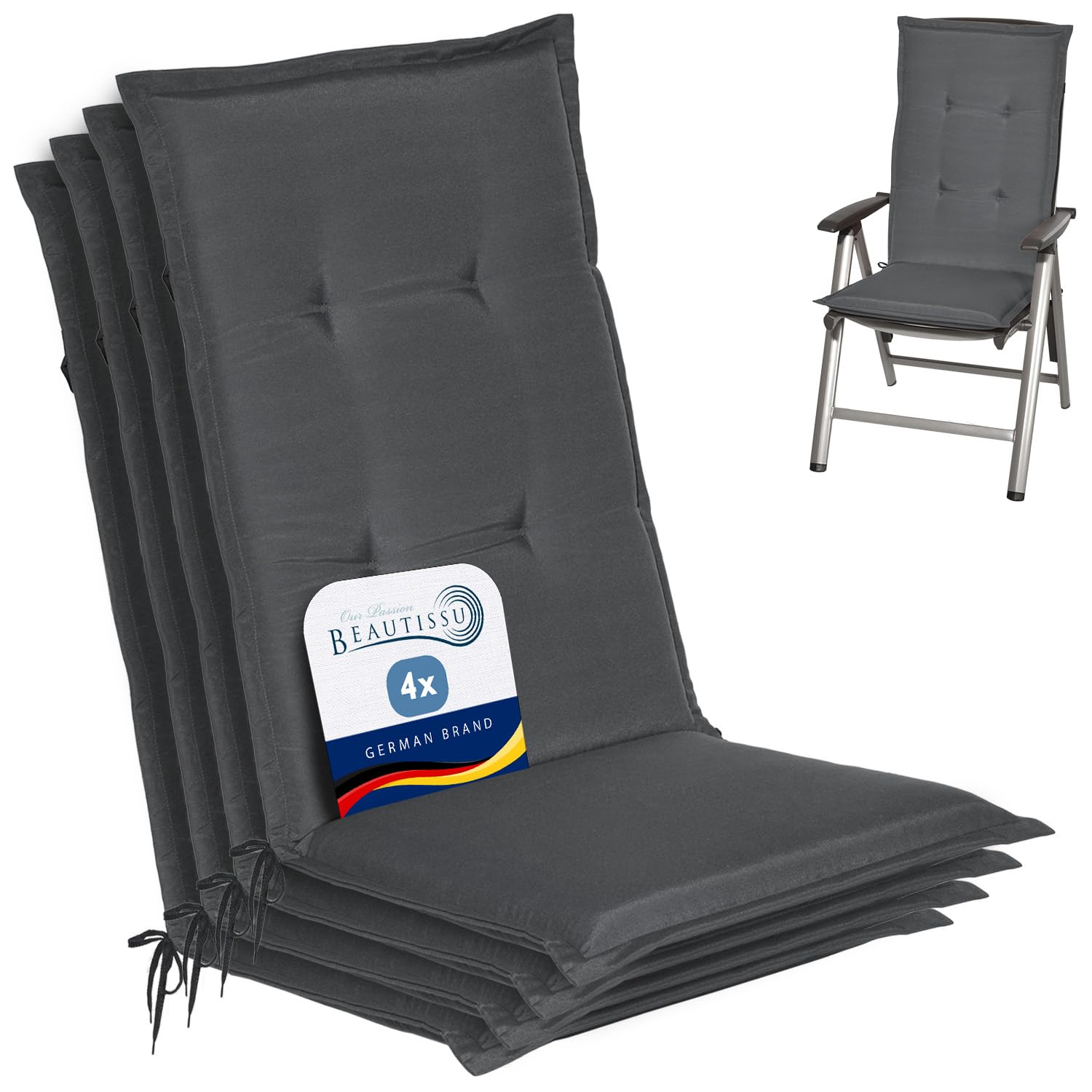 Beautissu Set de 4 Cojines sillas Jardin Loft HL - tumbonas mecedoras de balcón o Asiento Exterior con Respaldo Alto - 120x50x6 cm - Placas compactas de gomaespuma - Antracite