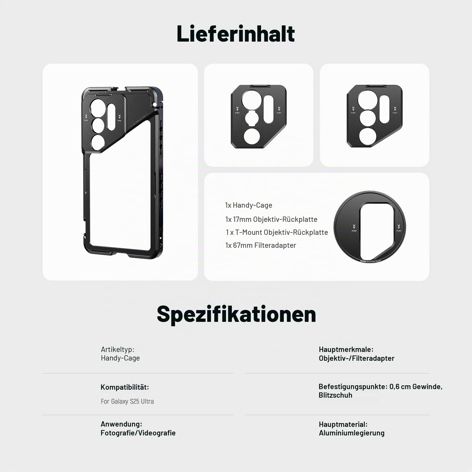 NEEWER S25 Ultra Handykäfig, Handy Video Rig Telefonstabilisator mit 67 mm Filteradapter, 17 mm Objektivrückplatte, T Mount Objektivadapter, kompatibel mit Samsung Galaxy Moment T Serie, PA082