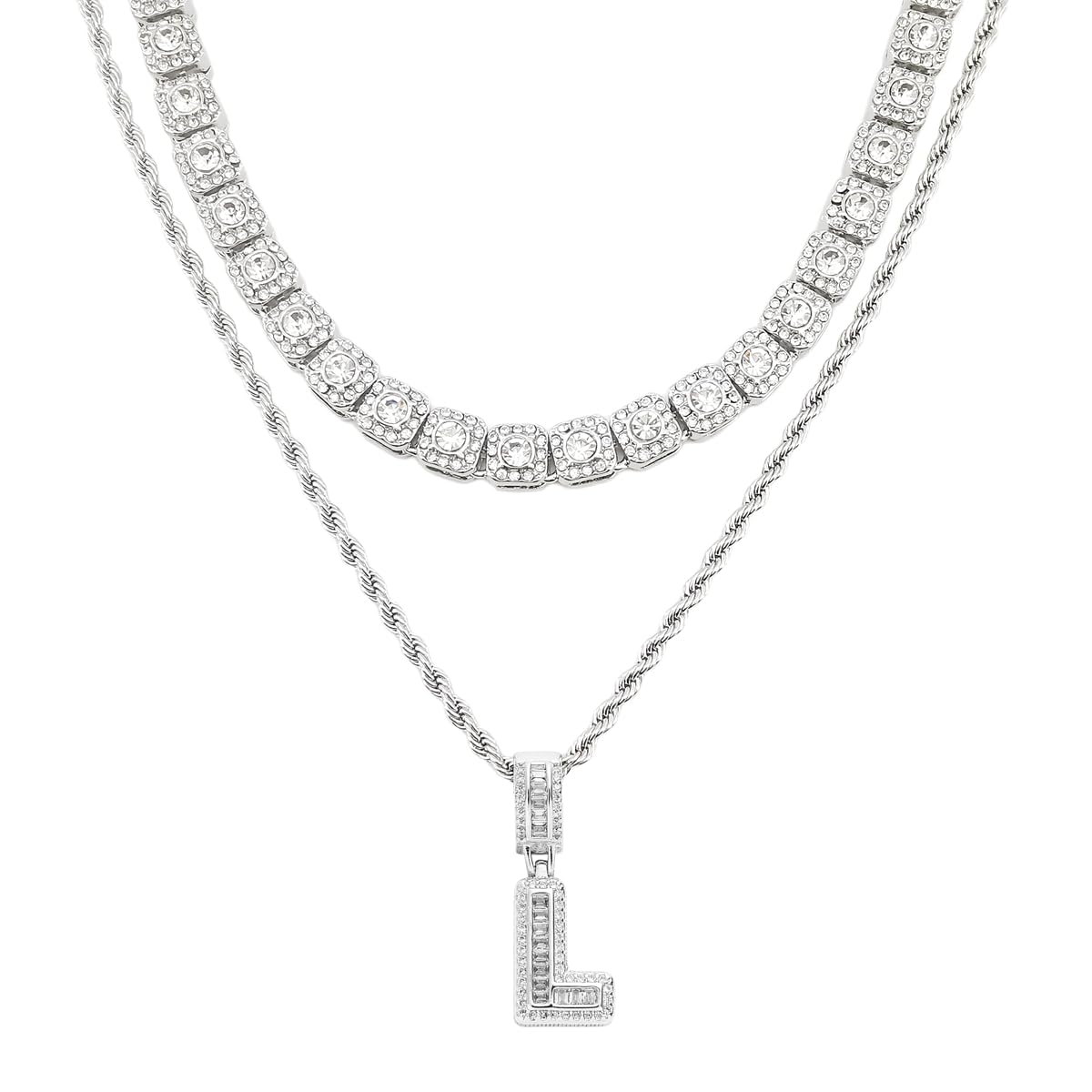 HH BLING EMPIRE Silver Iced Out Cubic Zirconia Diamond Initial Letter Pendant Chain Necklaces, A Pendant Rope and Baguette Tennis Chains | 2 Pcs