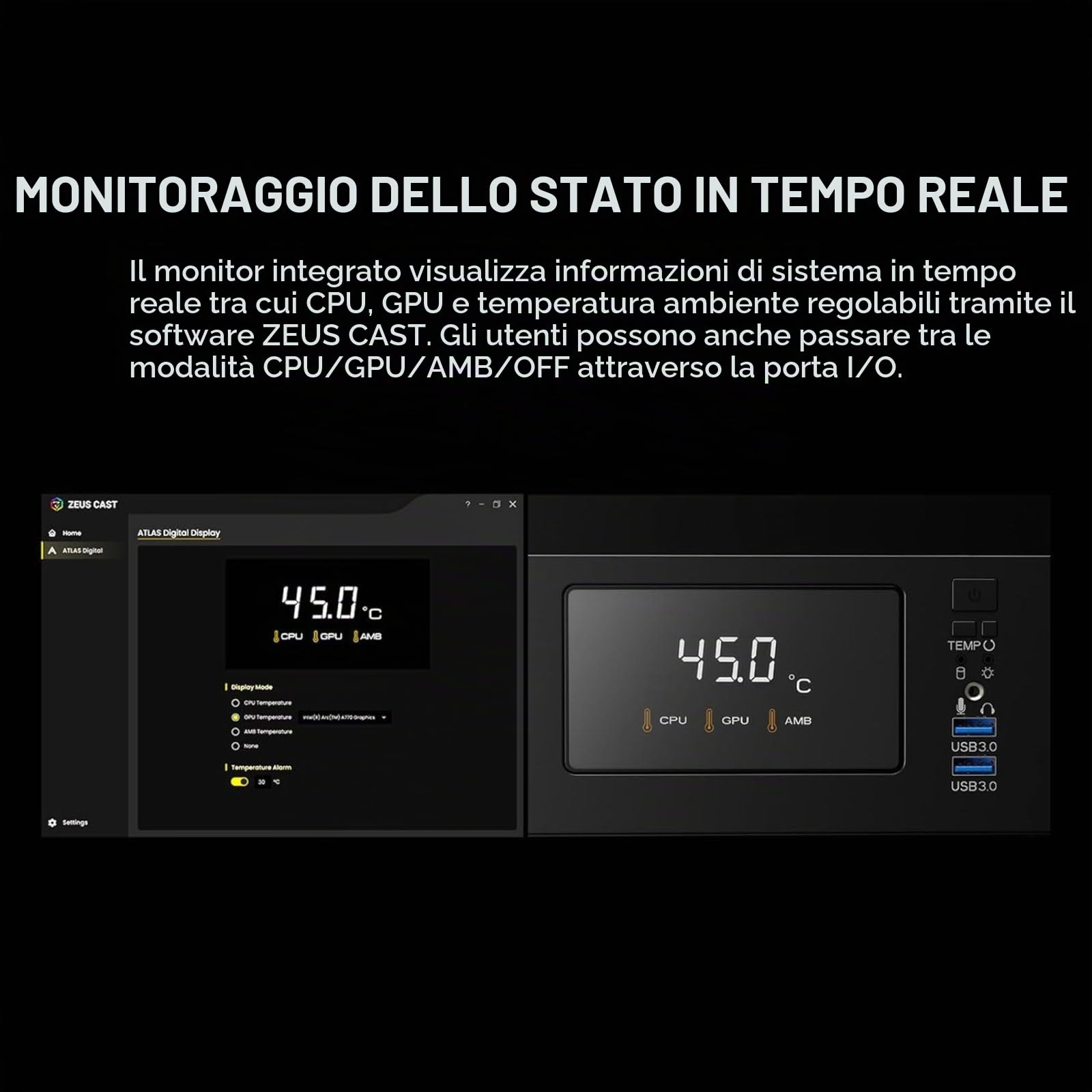 GAMDIAS ATLAS E1 ATX Mid Tower PC Case, monitor in tempo reale, 3 ventole ARGB da 120 mm, vetro temperato senza cuciture, prese d'aria laterali ad alto flusso d'aria, nero