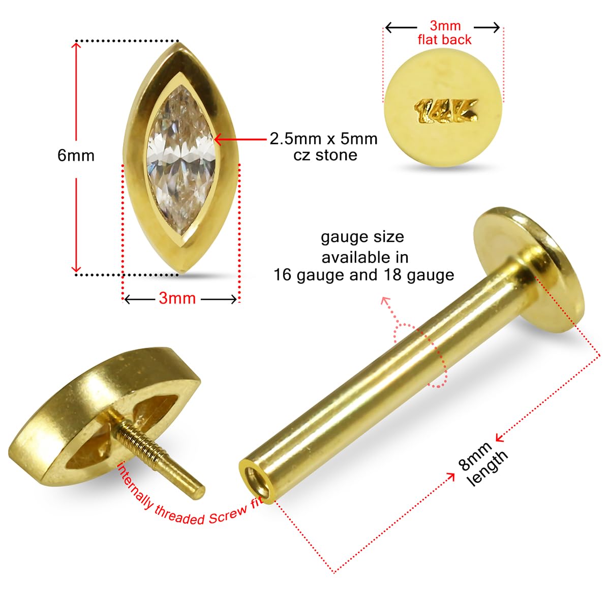 Juego completo de aretes de oro amarillo de 14 quilates con piedra de circonita cúbica marqués – Piercing para labio / cartílago de la oreja – Labret de oro de 14 quilates – Labret de