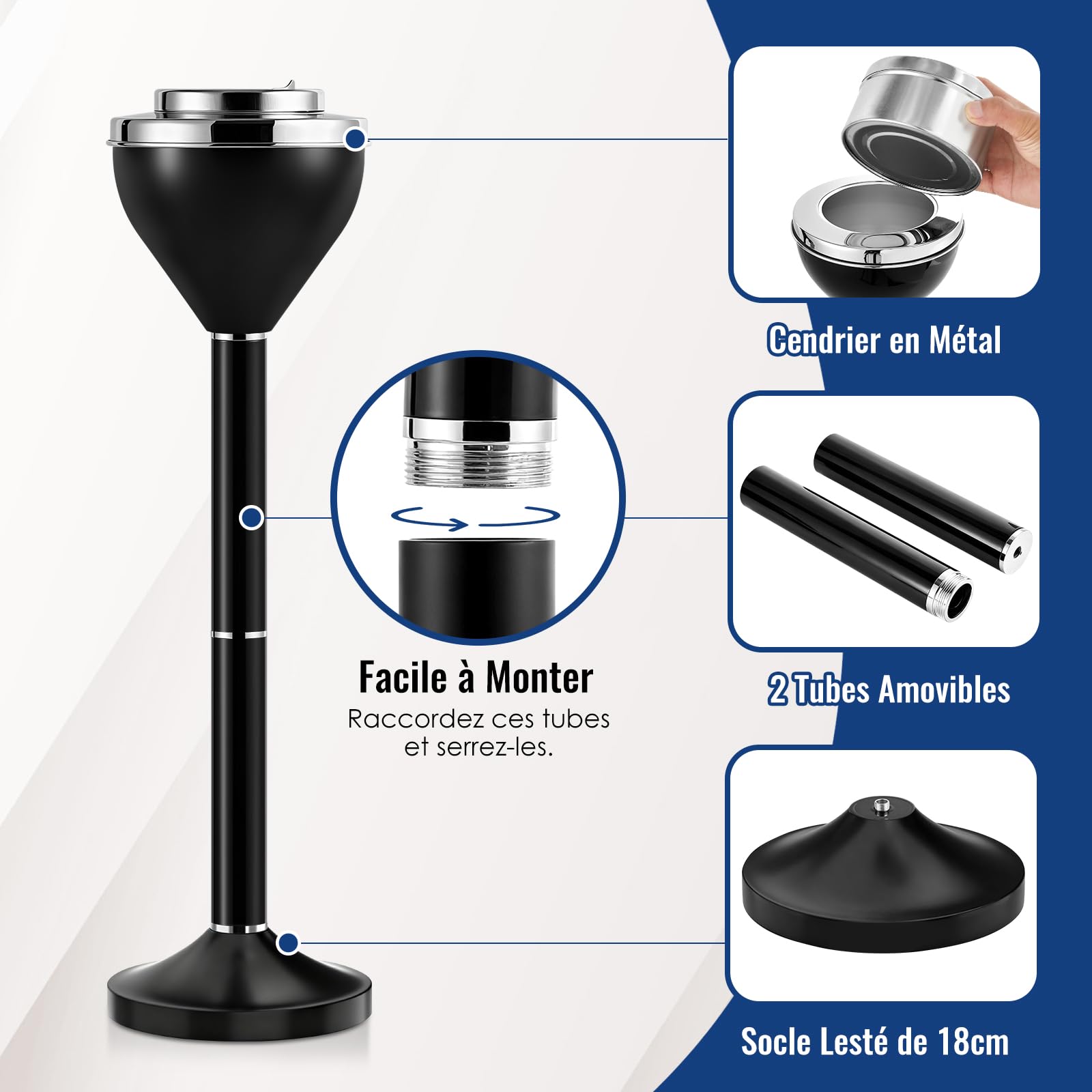 Cendrier Exterieur sur Pied, Cendrier Anti Odeur pour Interieur | Cendrier sur Pied Exterieur Réglable De 42 Cm À 61 Cm, Cendrier Cigare Amovible avec Couvercle & Avec Socle Lesté, Noir