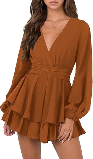 Nova In Sky Womens Sexy V Neck Long Sleeve Tie Waist Ruffle Hem Flowy Swing Mini Short Wrap Dress