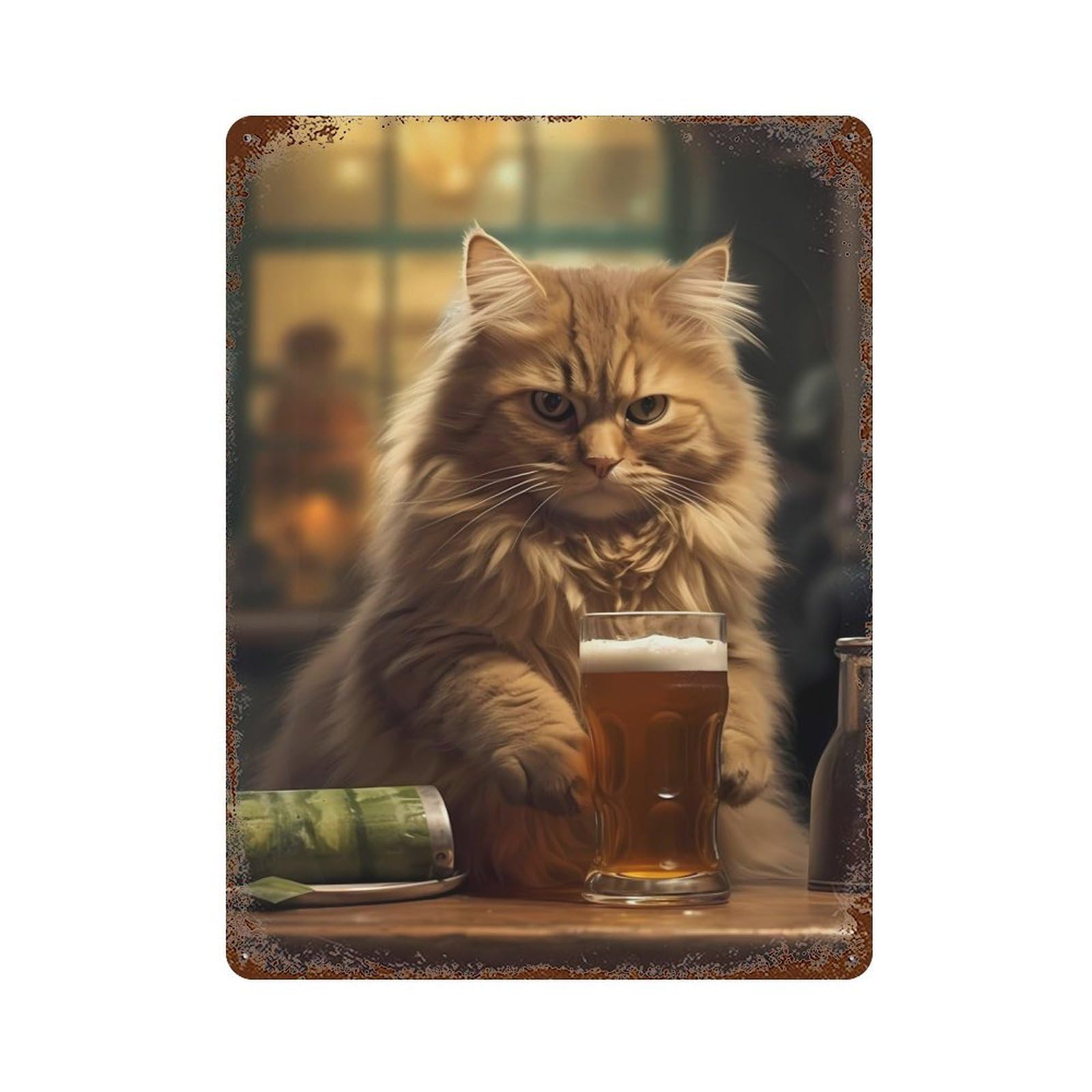 Garage Style Cat Beer Rusty Metal Tin Sign 15.7"x11.8", Farmhouse Wall Decor for Bar And Workshop