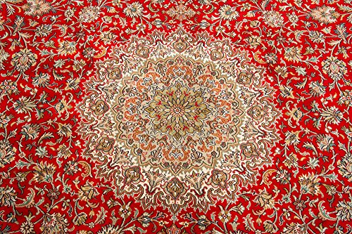 18/18 Orientteppich Kaschmir Seide Teppich Medaillon in Rot, Größe: 247x308 cm Wohnzimmer – Bild 4