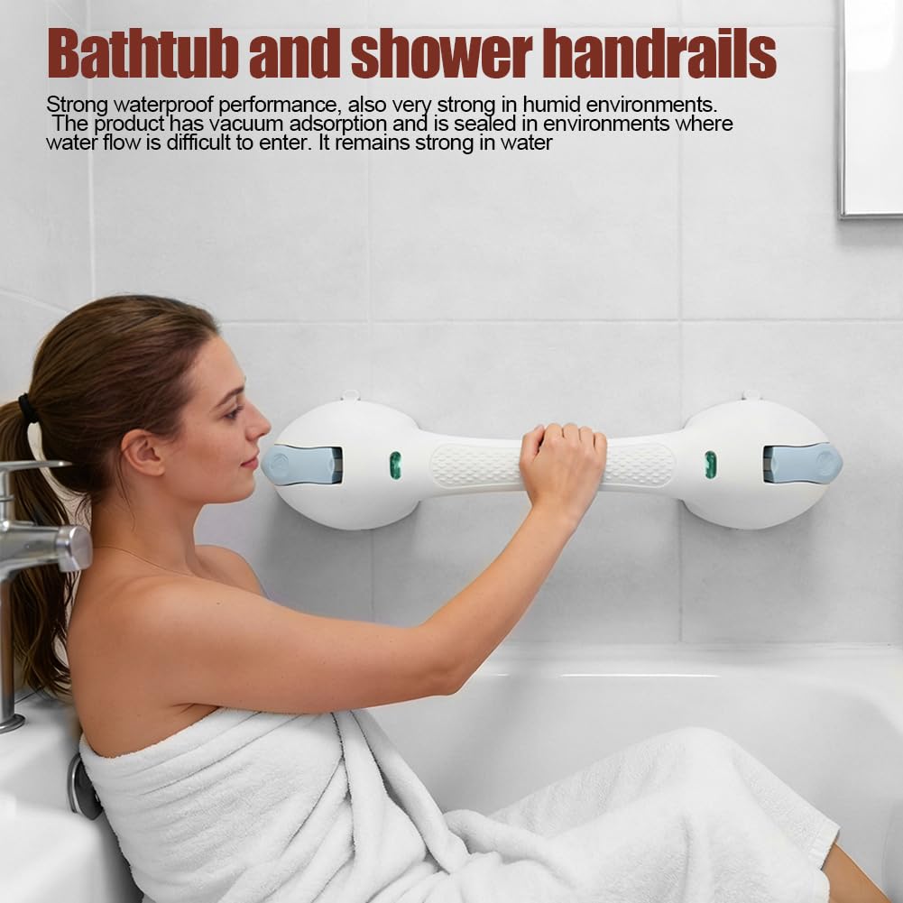 Barra di supporto doccia senza fori con ventosa, 120 kg, per anziani, indicatore di sicurezza colorato, removibile, impermeabile, per bagno e vasca da bagno, 44 cm, Blu