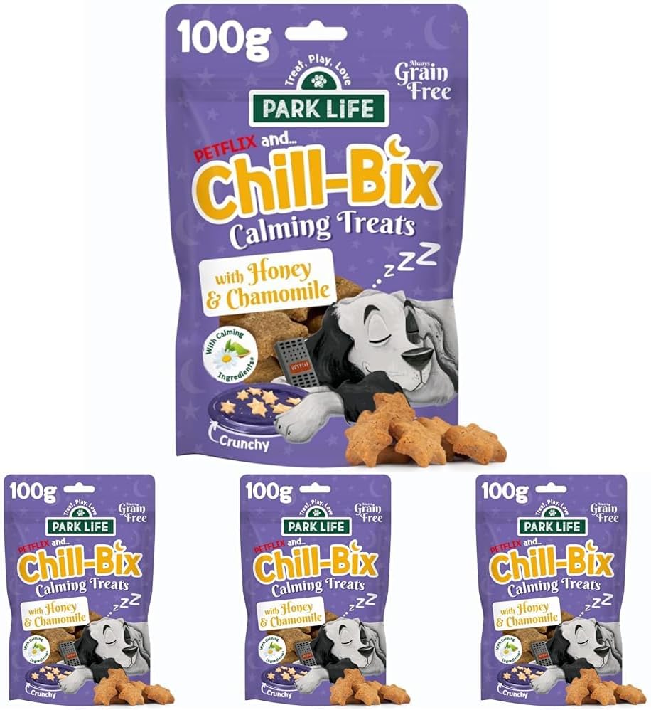 PARK LiFE Chill-Bix Calming Dog Treats 100g Pouch Honey & Chamomile Bedtime Biscuits Helps relax anxious dogs Puppy friendly Grain-Free Natural (Pack of 4)