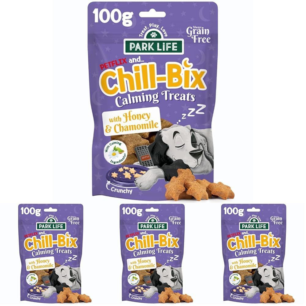 PARK LiFE Chill-Bix Calming Dog Treats 100g Pouch Honey & Chamomile Bedtime Biscuits Helps relax anxious dogs Puppy friendly Grain-Free Natural (Pack of 4)