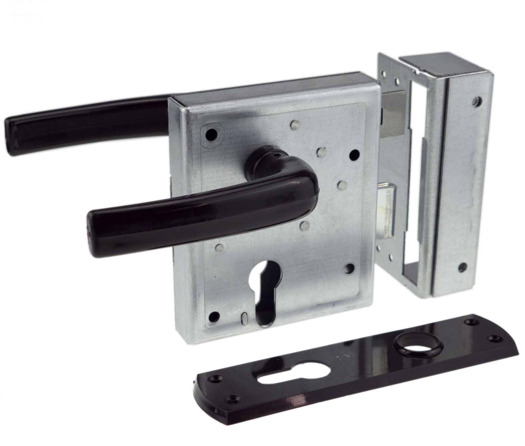 INTRA-TEC Kastenschloss für Profilzylinder – für Gartentore & Kellertüren, Dorn 60 mm, Entfernung 55 mm, DIN L/R, verzinkt, schließende Falle, zweitourig mit Drücker und Schild, Edelstahlstulpe