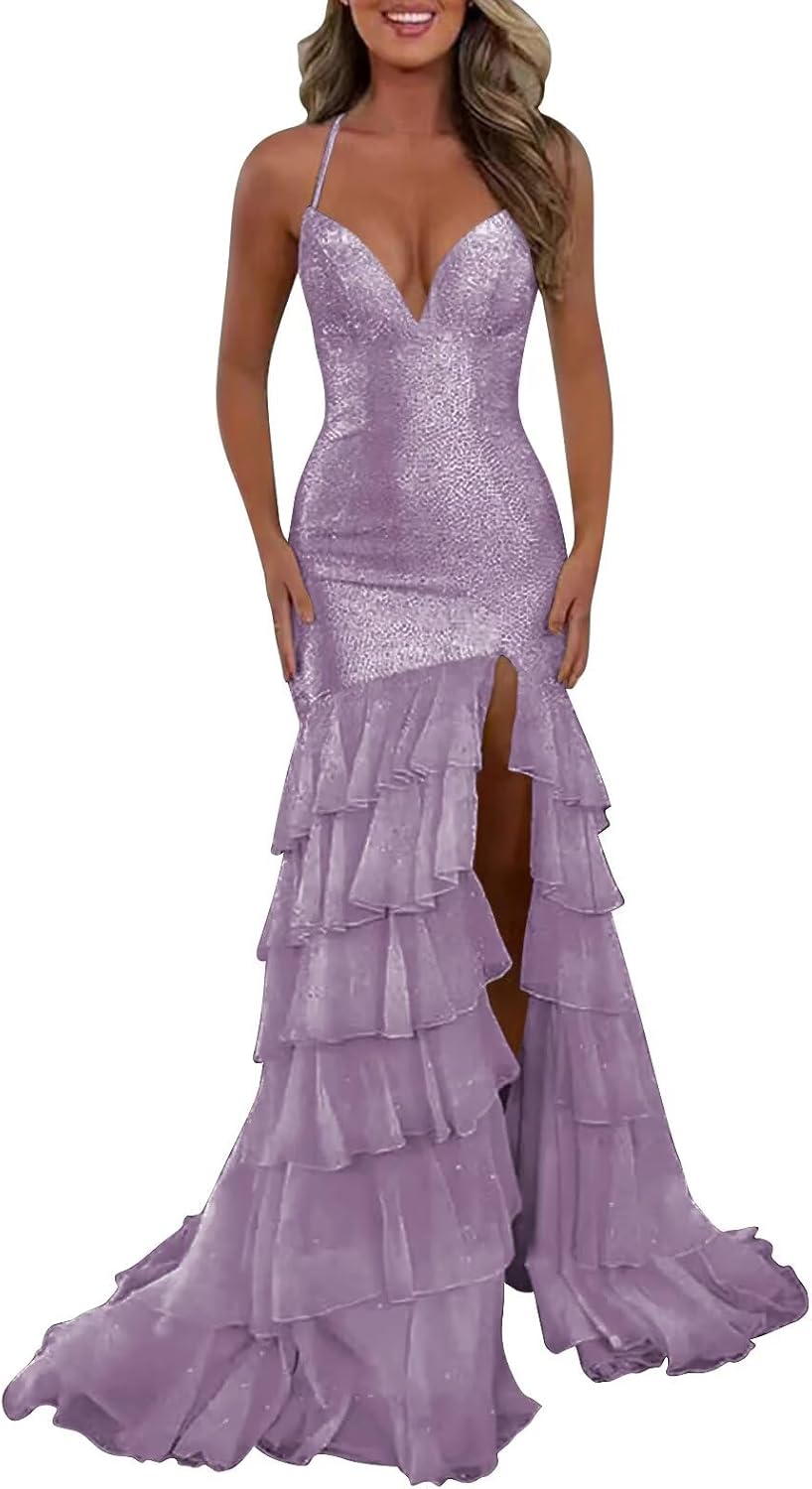 Sparkly Tulle Prom Dresses for Women Spaghetti Straps Evening Party Gowns Mermaid Ruffle Cocktail Gown with Slit Sexy