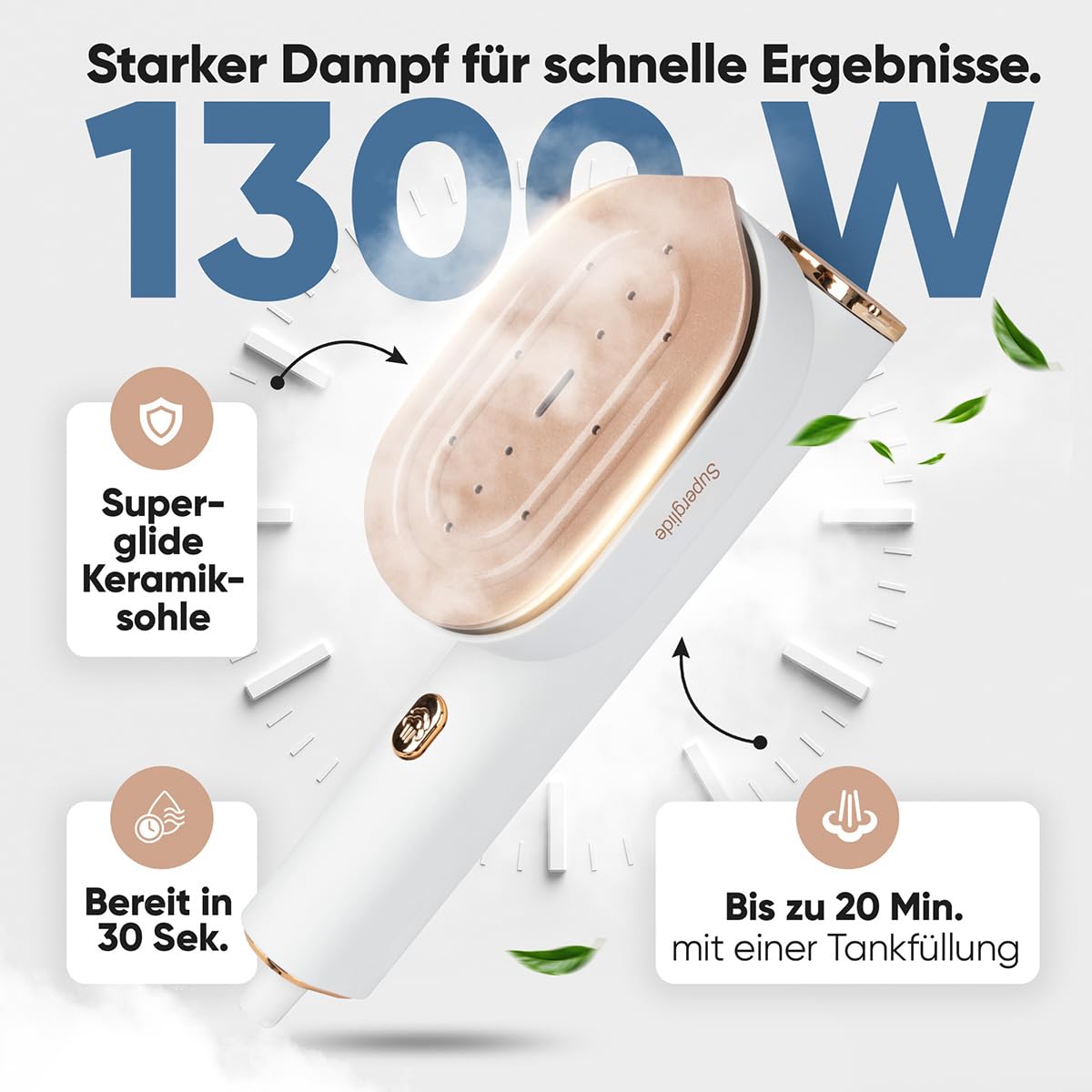 Proficare, Plancha de viaje y vaporizador 2 en 1 PC-DG3124, 1300W, Suela cerámica Superglide, Depósito de 80ml, Tiempo de calentamiento 30s, Vapor constante 20g/min, Cable de 1,90m