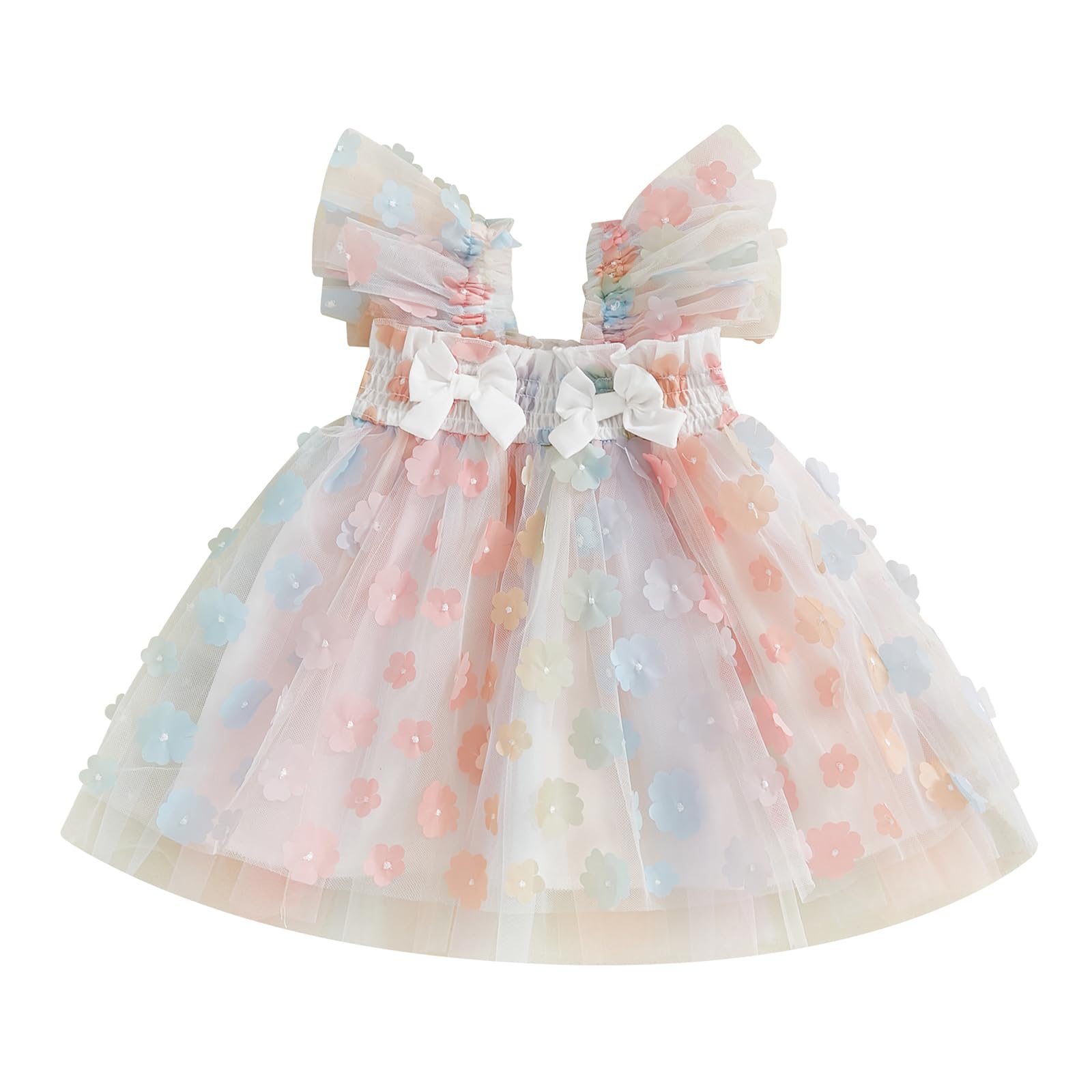 Toddler Girls Tulle Dress Fly Sleeve Smocked Bow Flower Layered Tutu Princess Dresses Summer Beach Sundress (Pink, 12-18 Months)