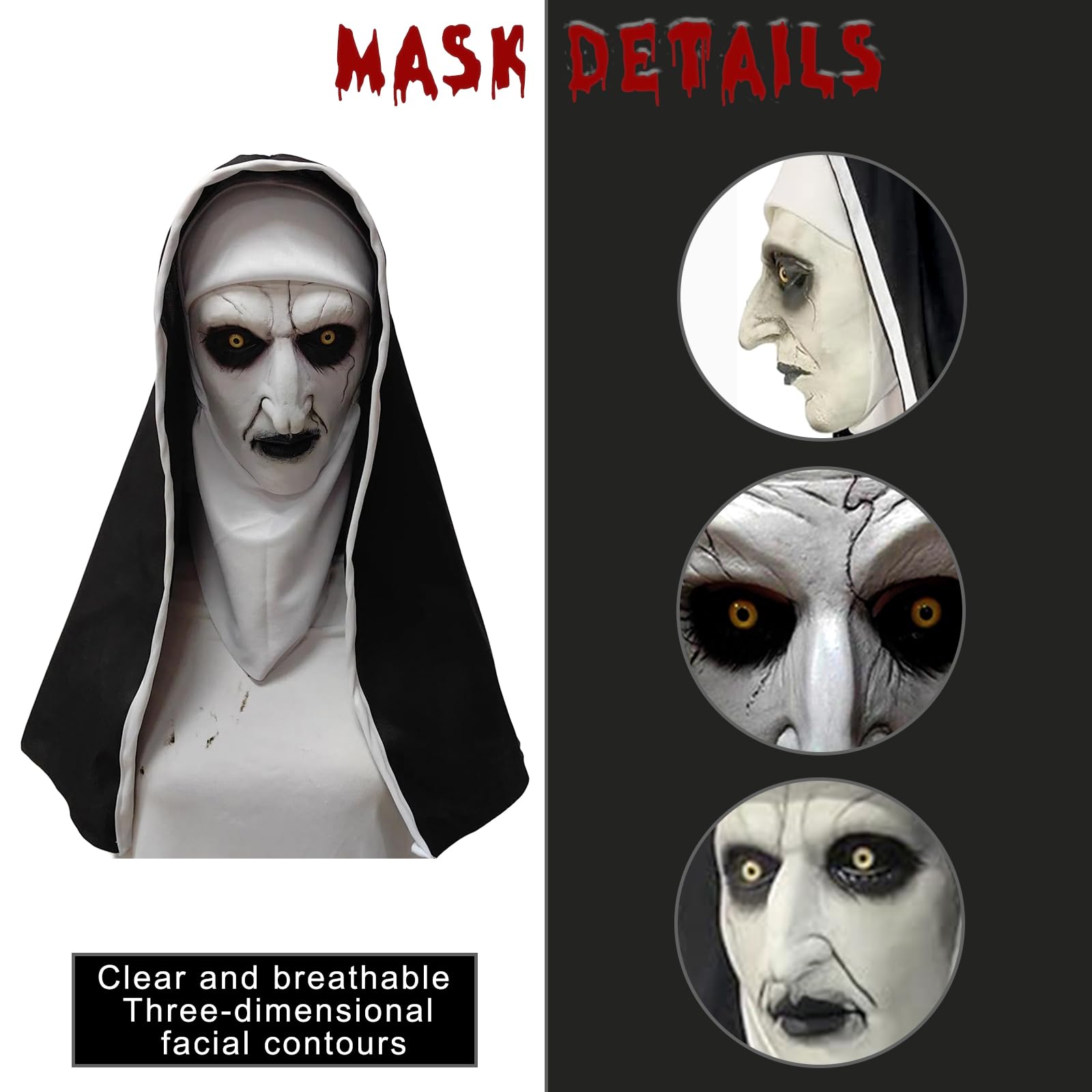 Fonysien Halloween Nun Mask With Headscarf & Black Mouth - Image 2
