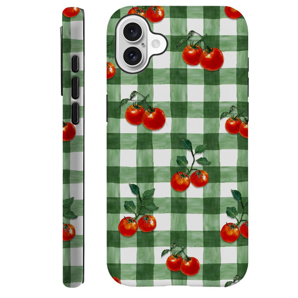 DAIZAG Case Compatible with for iPhone 16 Plus,Green Red Checkerboard Tomatoes Watercolor Phone Case for iPhone 16 Plus for Girl Women Boy Men