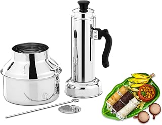 Stainless Steel Puttu Maker/Puttu Kudam with Steamer Plate,Steel Stick and Lid- 1 Unit - Long - 17.5 cm