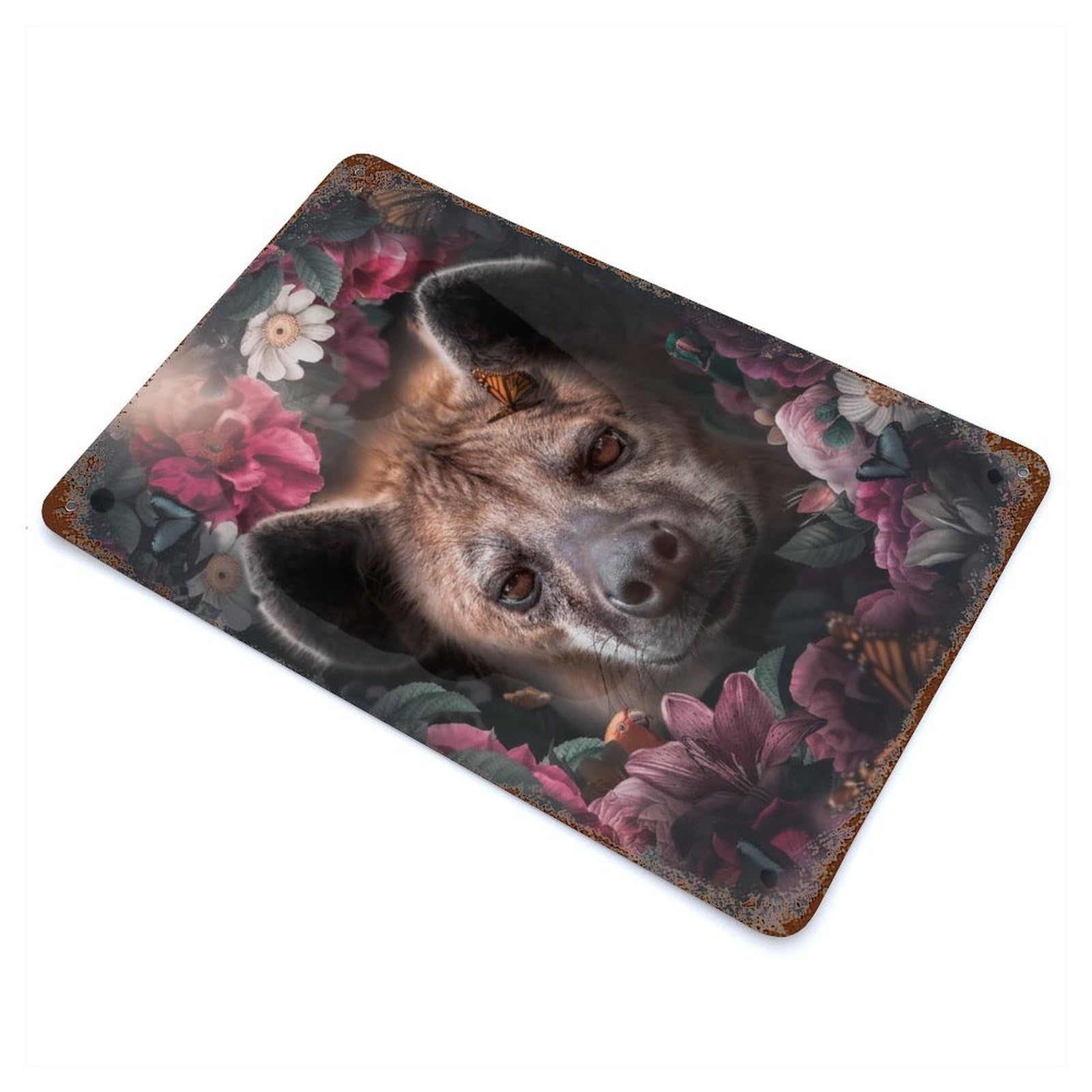Garage Style Floral Hyena Rusty Metal Tin Sign 11.8"x7.9", Farmhouse Wall Decor for Bar And Workshop
