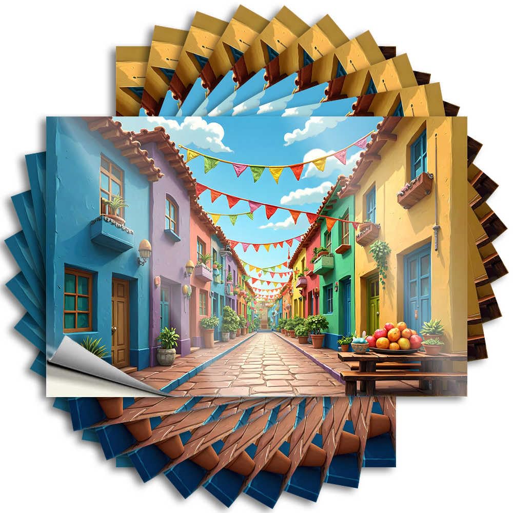 Guest Bathroom Decor Tattoos - Optical Illusion Coffee Tumbler Colorful Street Festival with Hanging Flags and Bright Houses(6X9CM)