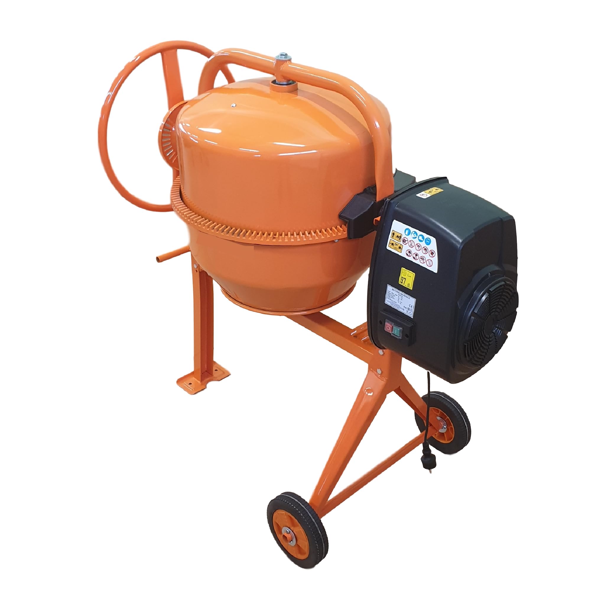 Betonmischer BAU140, 140L Trommel, 650W Motor, Orange, Stahlrahmen mit Metall-Zahnkranz, Kunststoffräder, Kipp-Handrad