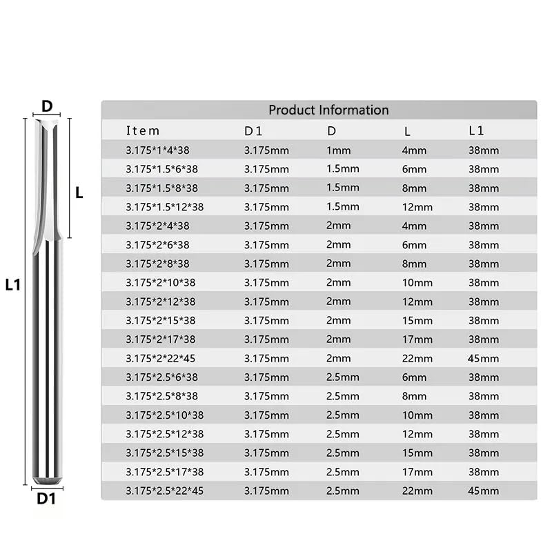 Ddyspan Straight Slot Milling Cutter 3.175mm Shank 1.0-3.175mm 2 Flute CNC Router Bit Carbide End Mill CNC Machine Milling Tool,3.175x2.5x15x38