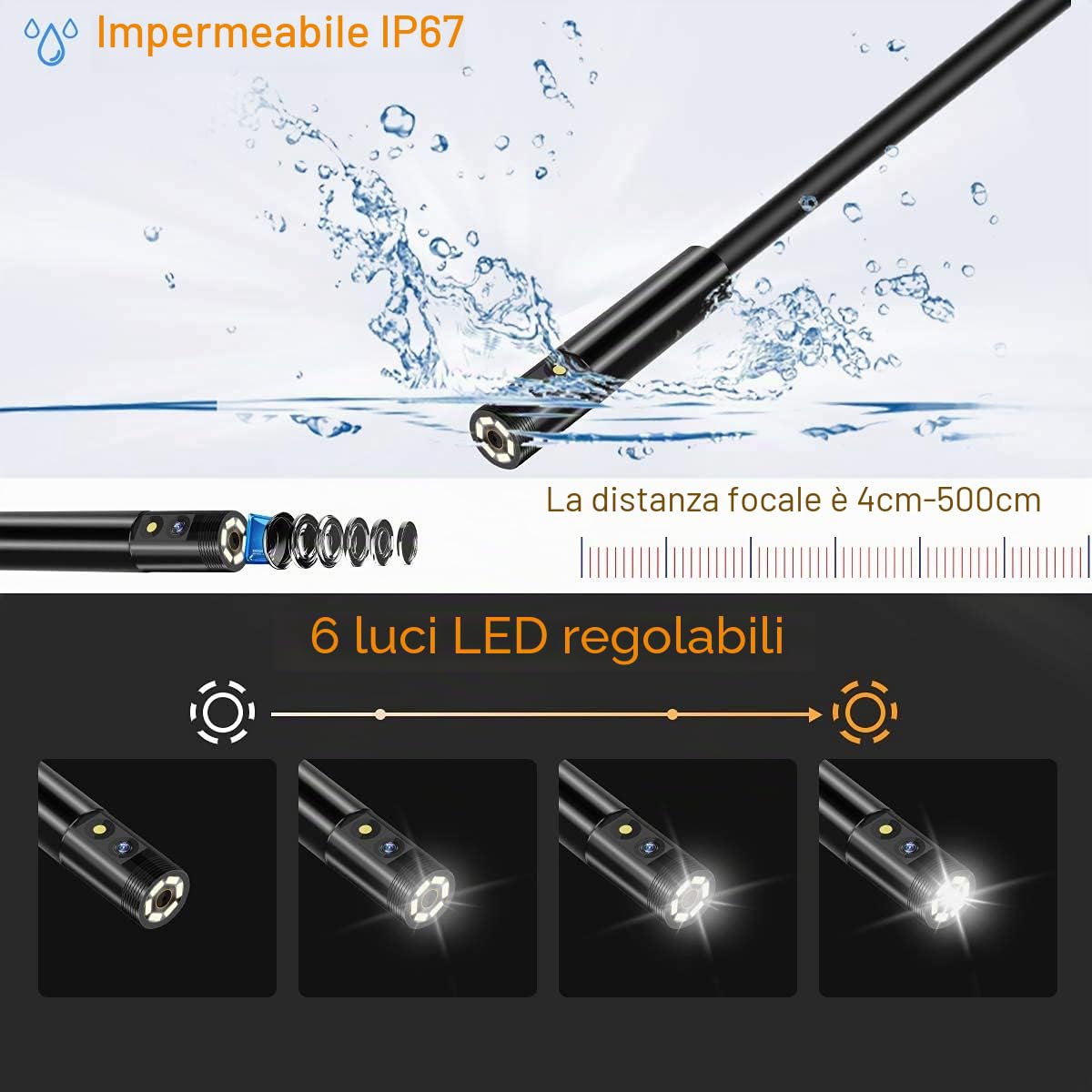 1080P Endoscopio Industriale HD,8mm Doppia Lente Telecamera di Ispezione con 4,3 Pollici Schermo IPS,Boroscopio Telecamera per Tubi Impermeabile IP67, 6 Luci LED e 5m Semirigido Cavo