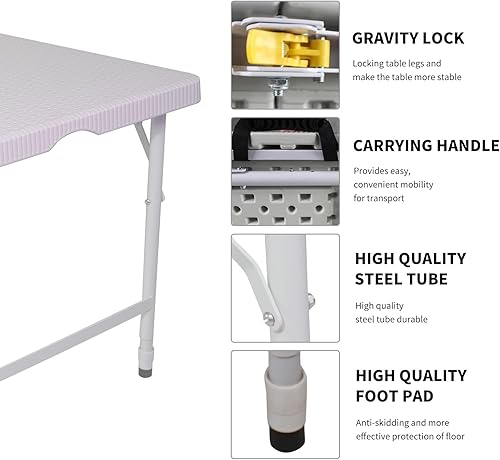 Miniatura 47 de Mesa plegable de plástico portátil de 4 pies/6 pies/8 pies, mesa de comedor de picnic blanca y negra, plegable por la mitad para campamento, fiesta
