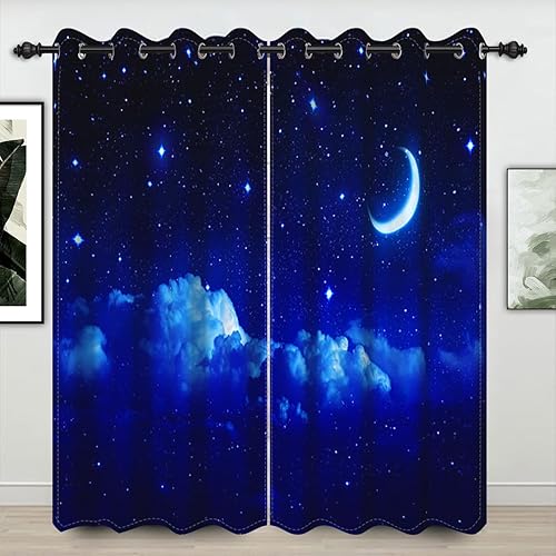 Umpoo Cortinas opacas de cielo estrellado para ventana noche luna brillante estrellas color azul oscuro juego de 2 paneles para habitación de niños