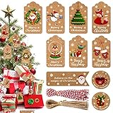 Cantidad del paquete: 100 etiquetas navideñas para regalos en 10 estilos, cada estilo para 10 piezas, más 50 piezas de cuerda roja y blanca y 50 piezas de cuerda de cáñamo natural para ayudarte a colgar las etiquetas. Satisfaga sus múltiples necesidades. Ideal para decoración de envoltorios de regalos.