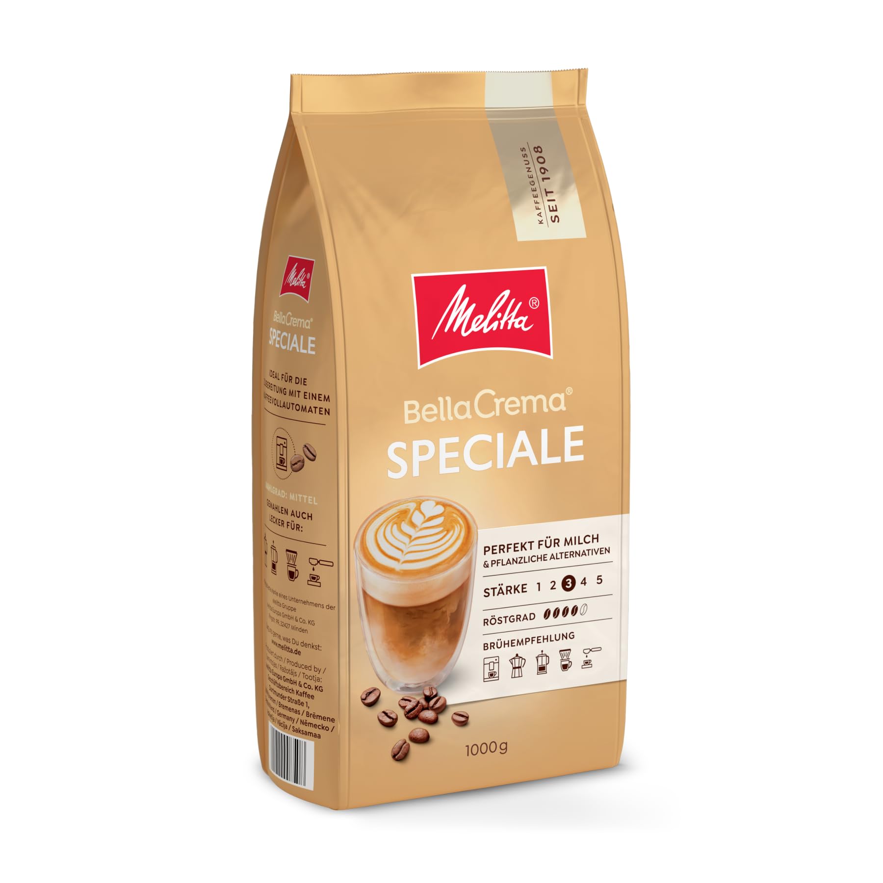 Melitta BellaCrema Speciale Ganze Kaffee-Bohnen 1kg, ungemahlen, Kaffeebohnen für Kaffee-Vollautomat, mittlere Röstung, geröstet in Deutschland, Stärke 3
