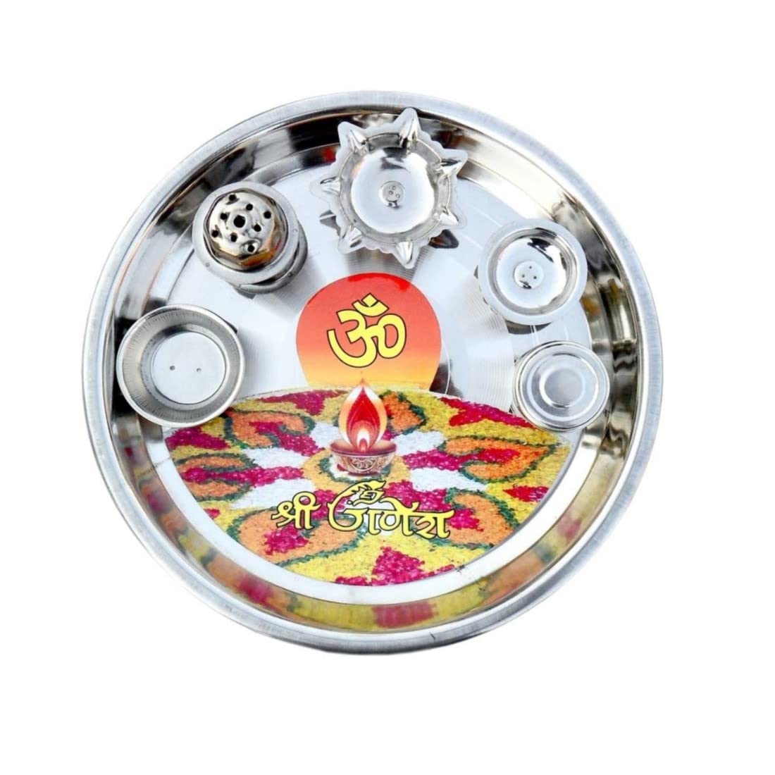 ARISERS One Step Ahead Designer Heavy Steel 5 in 1 Pooja thali with Deepak, Agarbatti Stand, Roli Chawal, Bhog Katori, Kapoor Katori (24 Cm)