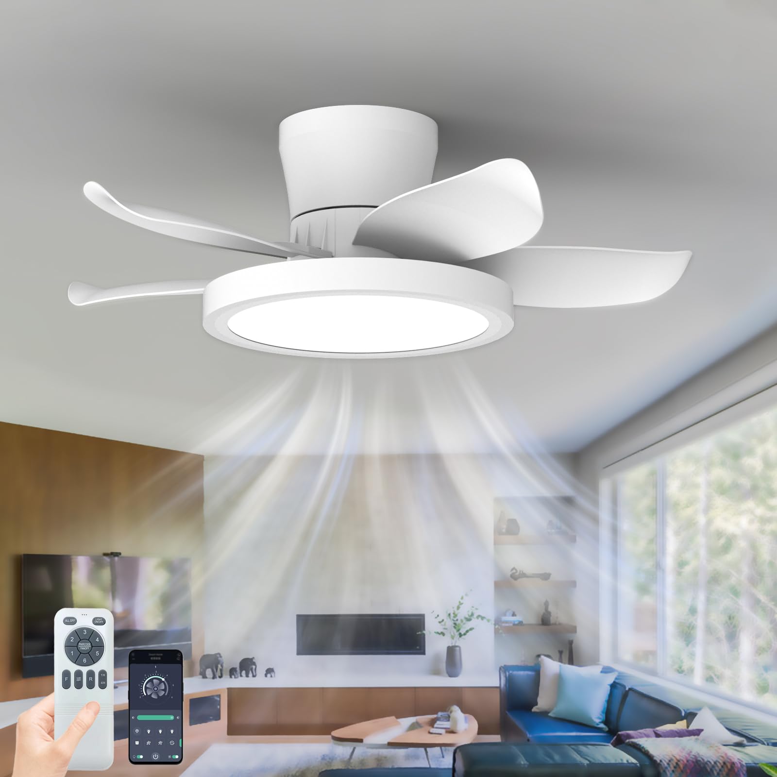 SXDMOUBK Quiet 65CM Ceiling Fan with Light 5 B 6-Speed Reversible Dimmable LED App Remote & Timer Memory Funct Ideal for Bedrooms Louns & Living Rooms - White
