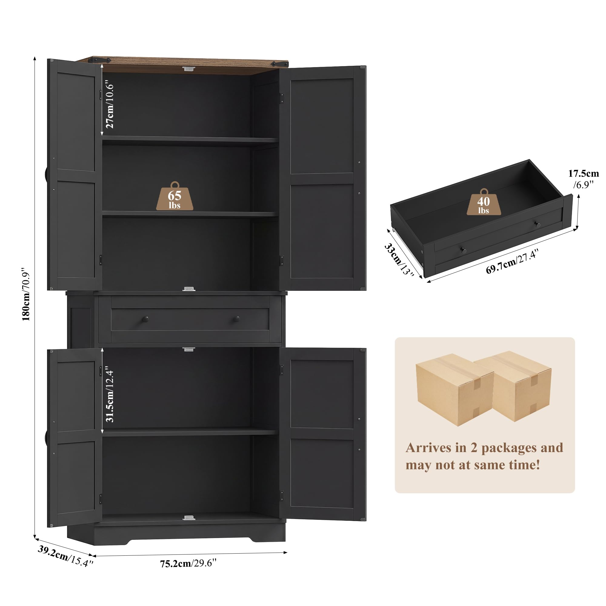 Küchenschrank, Buffetschrank Küchenbuffet mit 4 Türen und Schubladen, Vorratsschrank Hochschrank Küche mit 5 Staufächer für Küche, Wohnzimmer und Esszimmer (Schwarz)