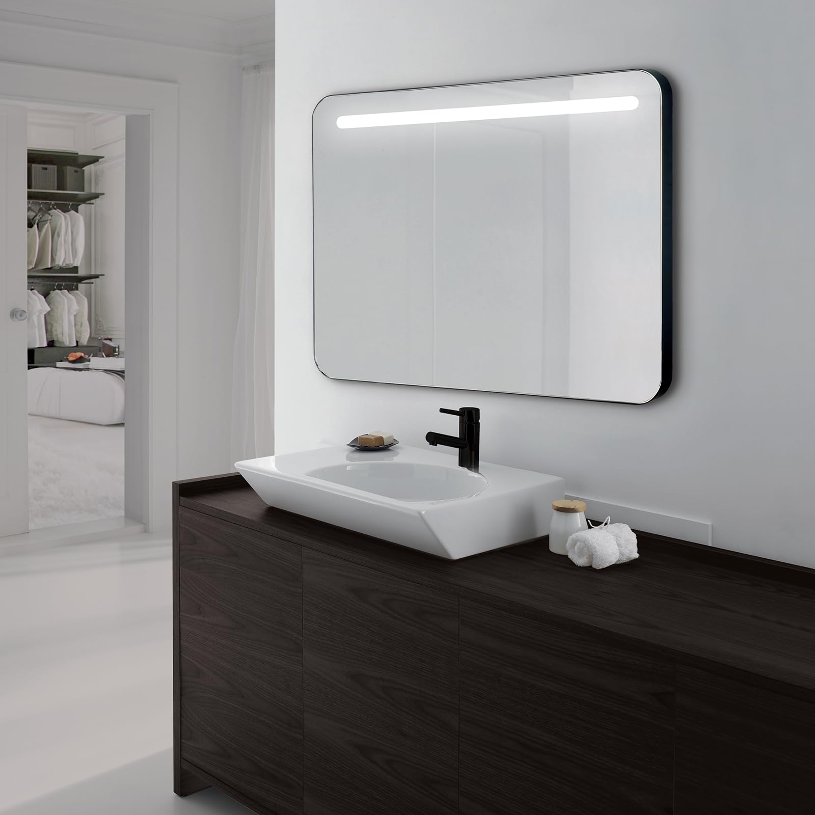 Aplike - Espejo de Baño con Luz LED Frontal - con Marco de Aluminio Negro - Luz Blanca Neutra (4000K) - 100 x 70cm | Modelo Rio