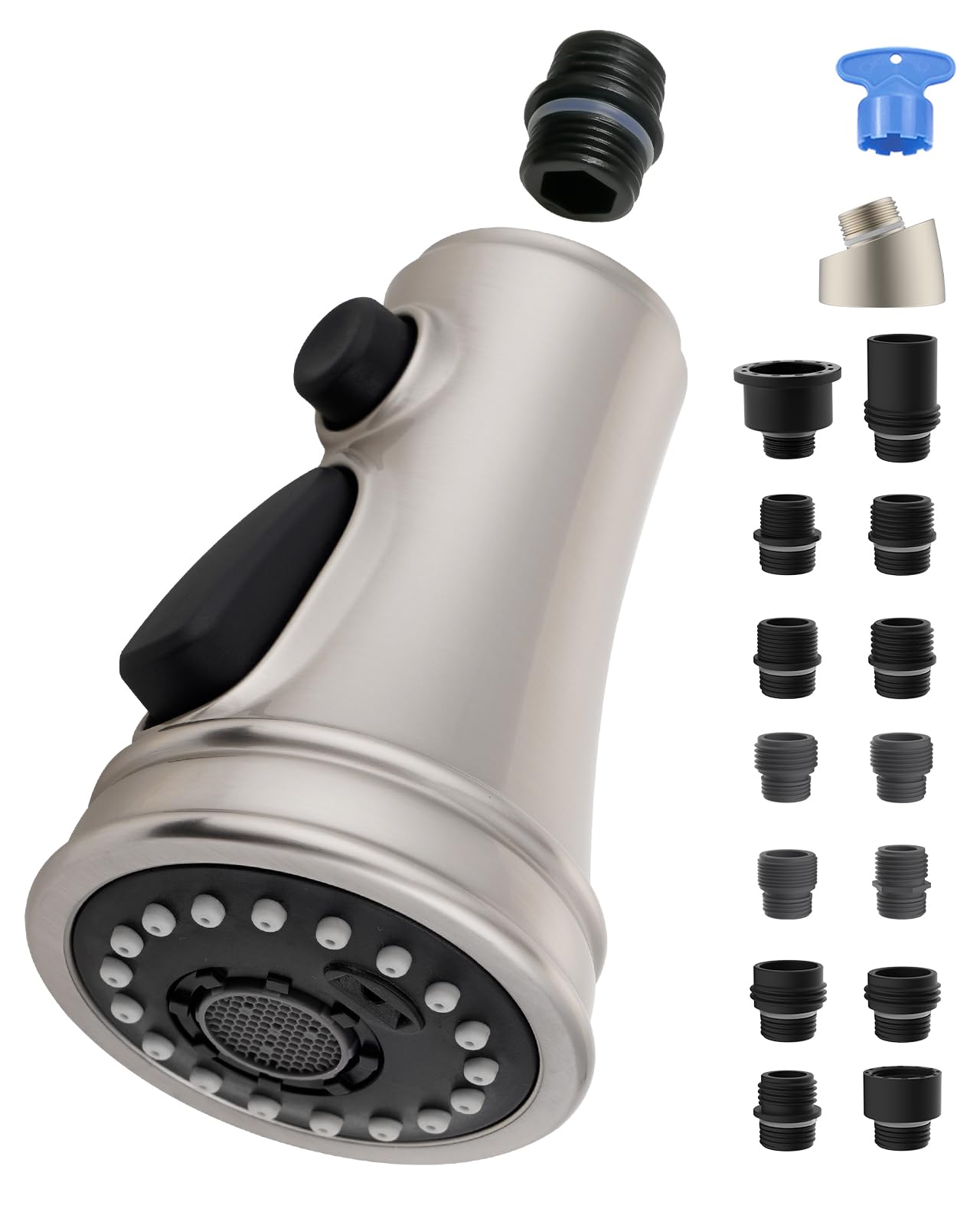 Hygie Rinse Universal Kitchen Faucet Head Replacement 3 Function Kitchen Faucet Sprayer with 15 Adapter Kit Compatible with Kohler/Moen/Delta Faucet, Pull Down Sink Faucet Spray Head, Brushed Nickel