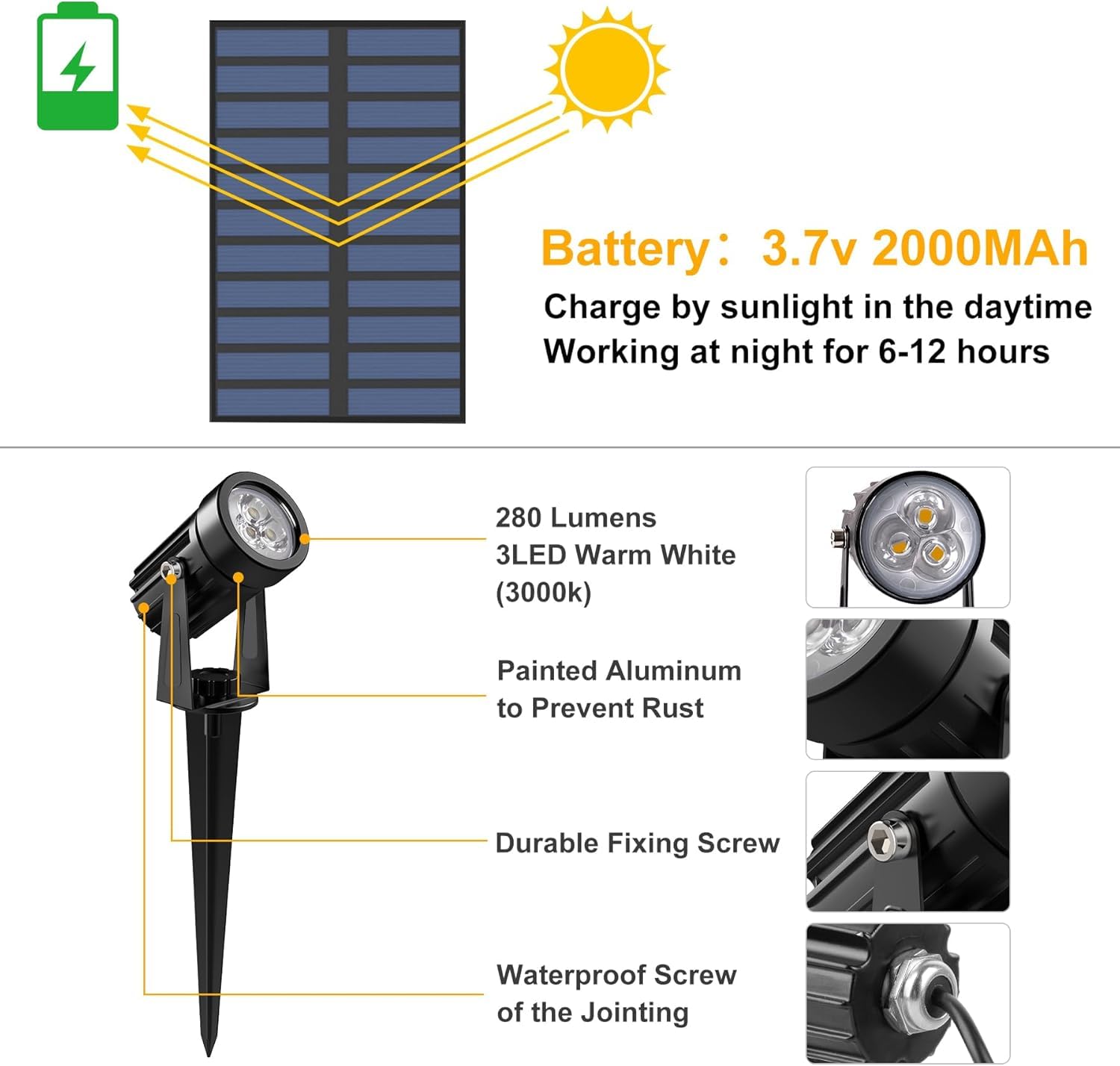 NATPOW Faretti Solari a Led da Esterno, 2 en 1 Luce 3000K Luci Solari da Giardino, 2 Modi, Automaticamente Acceso o Spento, Impermeabile IP65 Luci Esterne ad Energia Solare per Cortile, Patio, Alberi