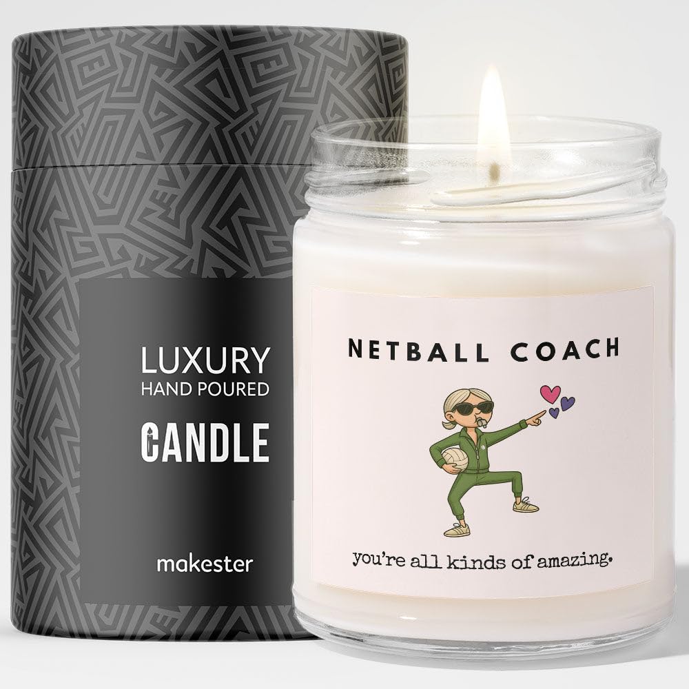 Netball Coach Gifts - Luxury Soy Wax Candle - Vanilla, Jasmine, Sugared Almond - Makester
