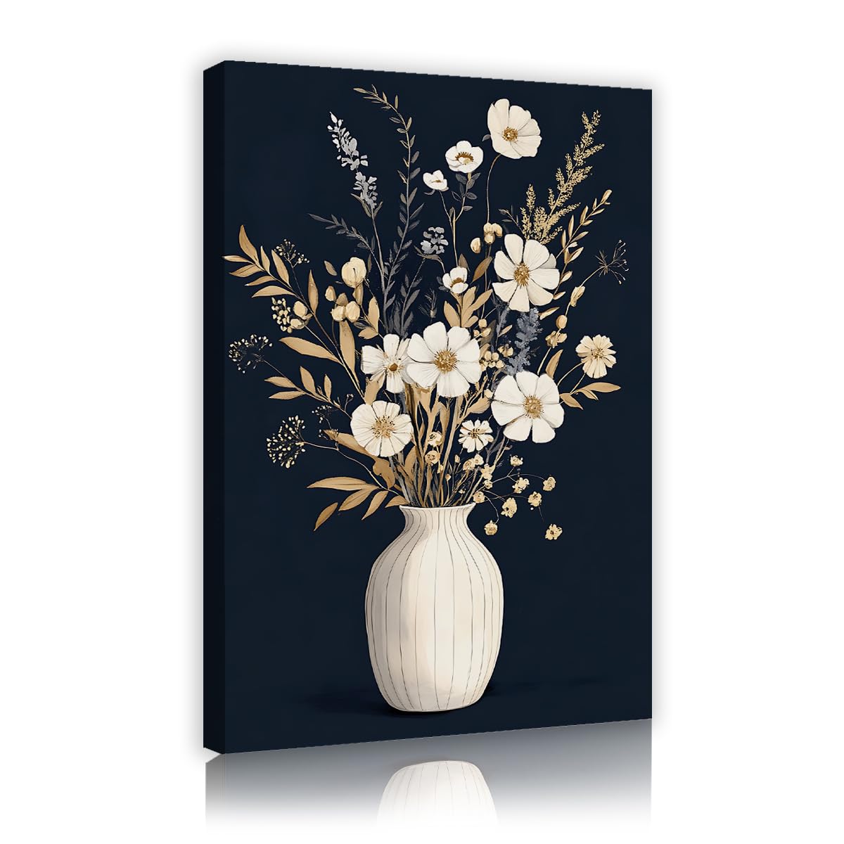 CHERHERART Framed Canvas Wall Art White Flowers Artwork Modern Floral Gold Leaves Vase Elegant Canvas Pictures Print for Living Room Home 45x70cm Innerframe