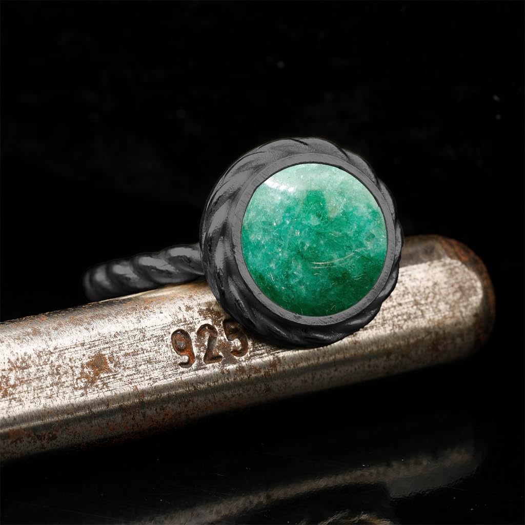 925 Sterling Silver Round Gemstone Ring for Women | Black Oxidized Handmade Bezel Set Natural Stone Jewelry | Twisted Frame Statement Design | Chakra Crystal Gift for Her | Elegant Everyday Ring