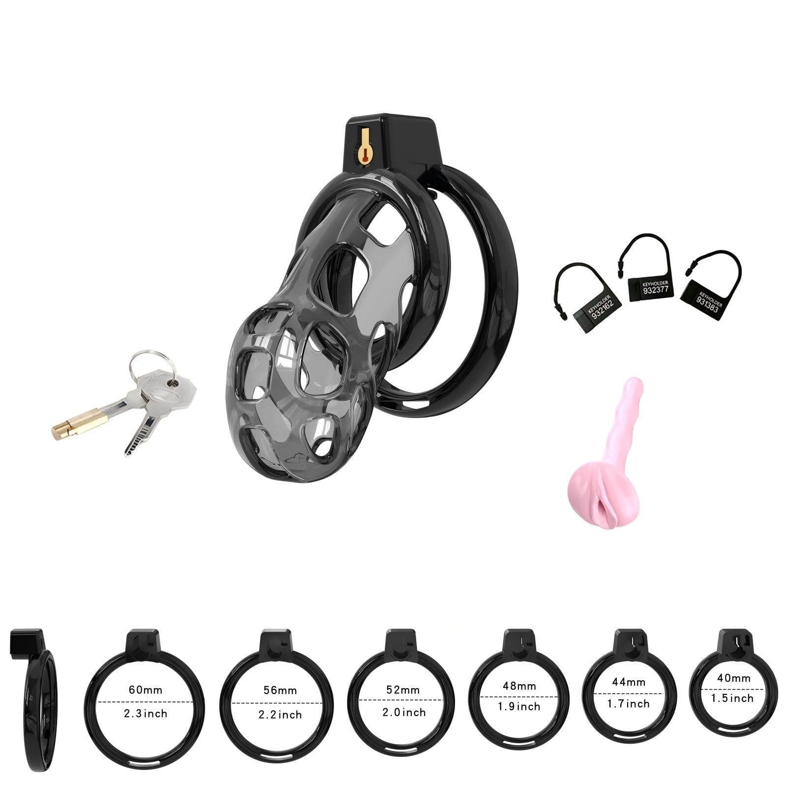 Chastity Cage en Silicone Sex Toýs Homme Cage de Chasteté Pénis avec Cathéter et 6 Anneaux Différents en ABS Cage Chastetée avec Serrure Cachée pour le Bndage du Pénis de l'Homme (Black,L)