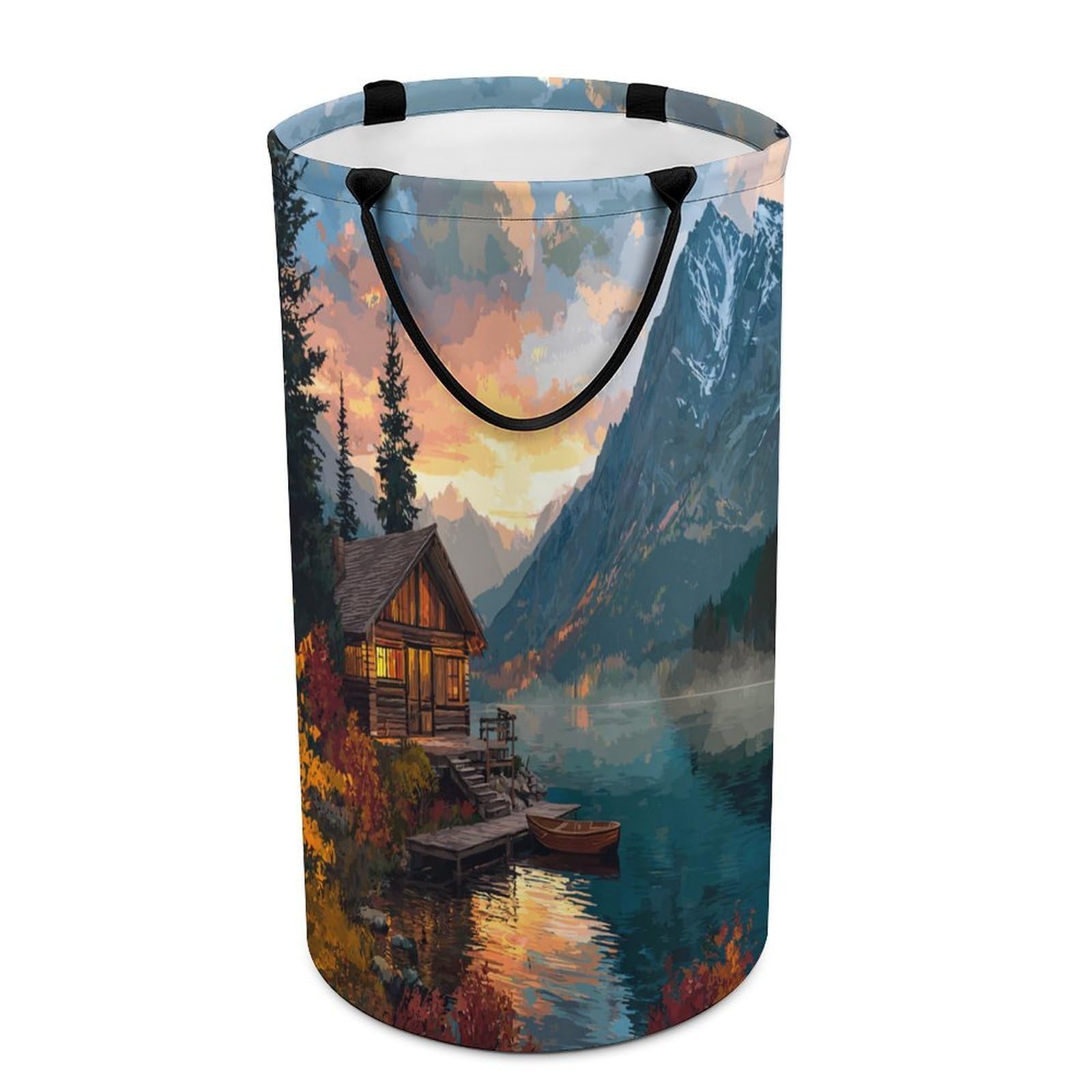 LUYYSKY Beautiful Colorful Log Cabin Collapsible Dirty Clothes Basket, Natural Aesthetic Sunset Mountain Lake Barn Pattern Portable Clothes Storage Basket